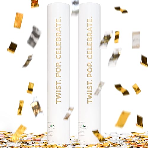 Cañón de confeti dorado y plateado | Paquete de 2 | Decoración de fiesta para boda, compromiso, graduación, cumpleaños, regalos de fiesta de boda |