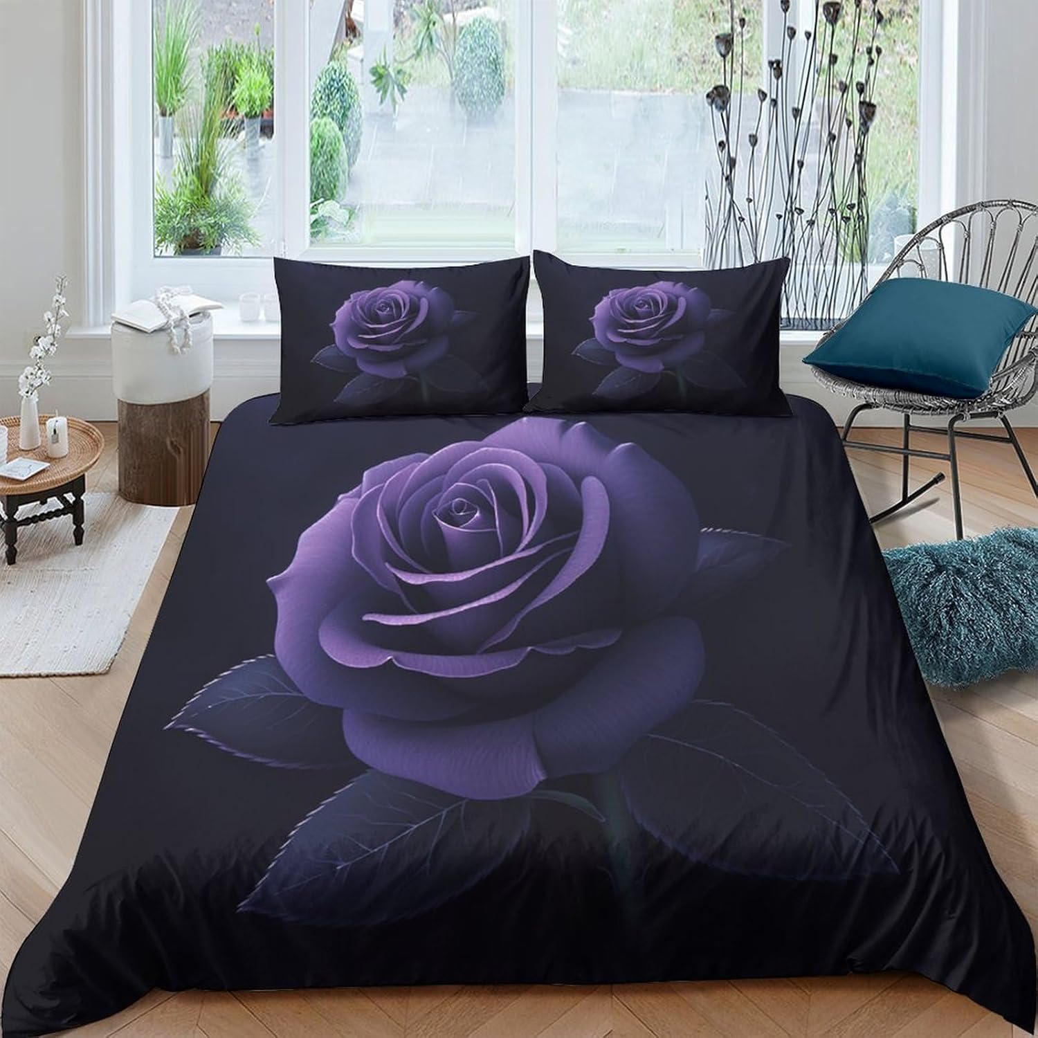 Housse de couette fleur rose 3D 200x200 cm avec fermeture éclair invisible durable