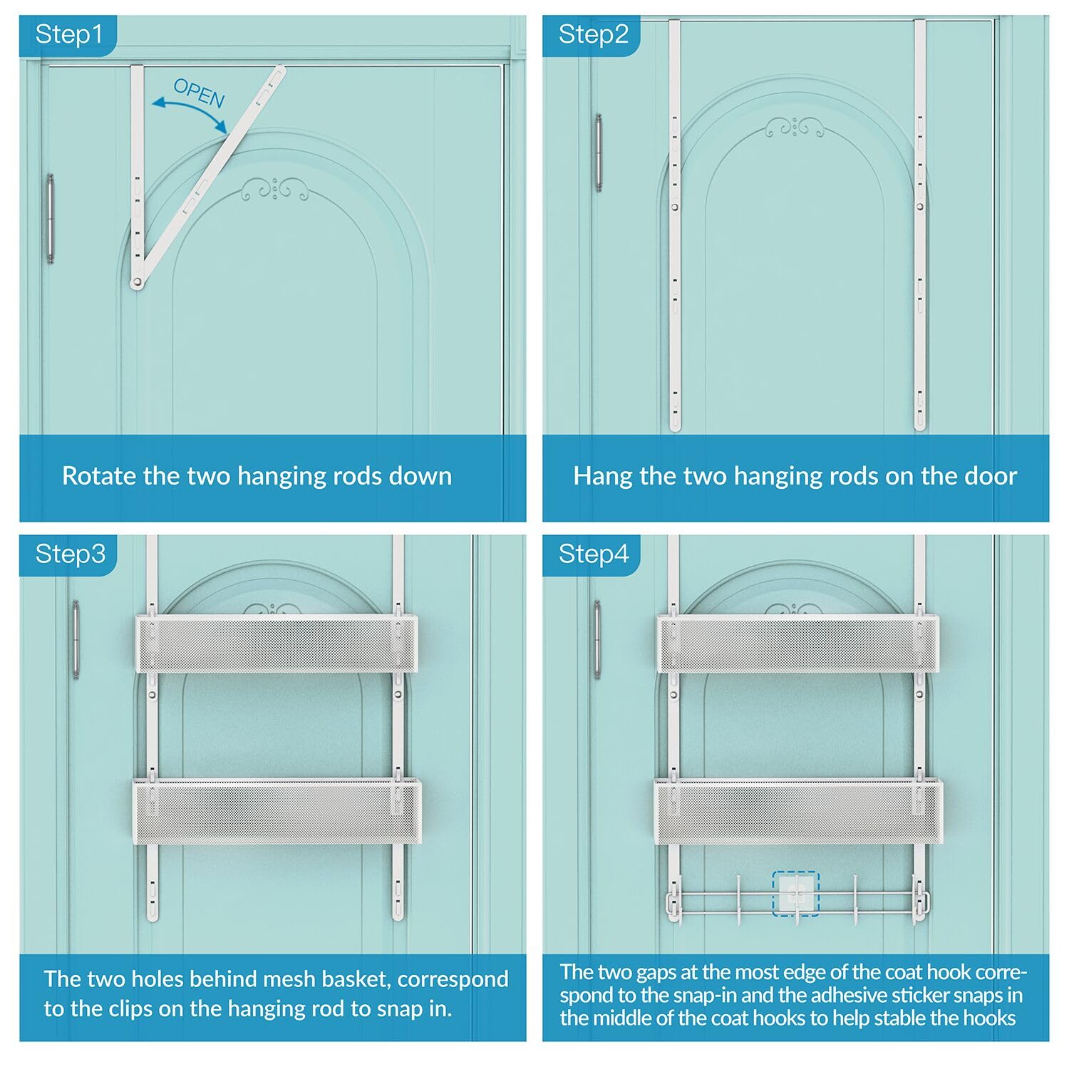 Aimeaihe Adjustable Over The Door Hooks Organizer, Door Hanger Coat Rack with 2 Mesh Baskets and 10 Hooks, Back of Door Storage Organizer for Bedroom,Bathroom,Kitchen (White)