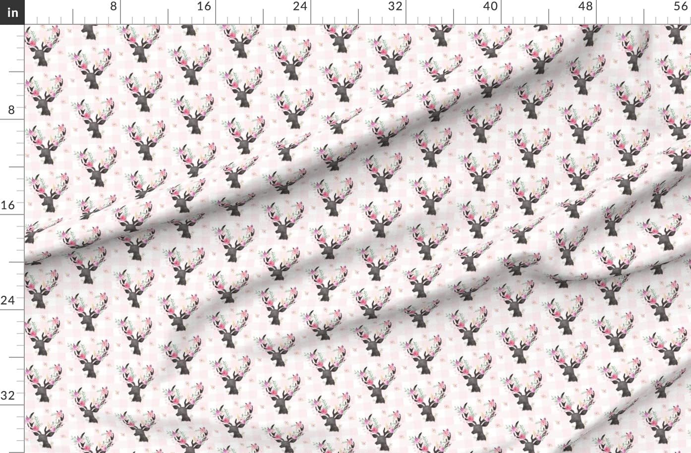 Spoonflower Fabric - Deer Antler Floral Light Pink Plaid Coordinate Girls Girl Quilt Printed on Polartec(R) Fleece Fabric by The Yard - Sewing Blankets Loungewear and No-Sew Projects