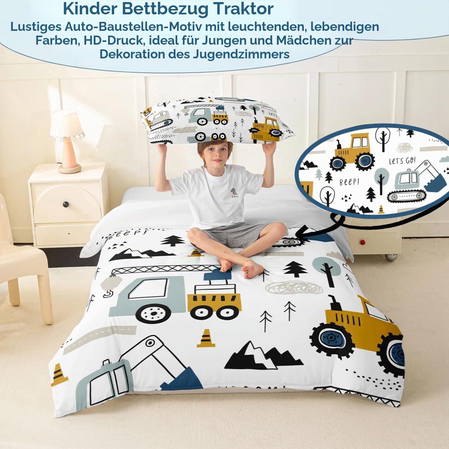 Homemissing Bettwsche-Set, Cartoon-Auto, Bau, 140 x 200 cm, Set fr Kinder, Jungen, Lkw-Ausrstung, Bagger, Traktor, Wei, Gelb