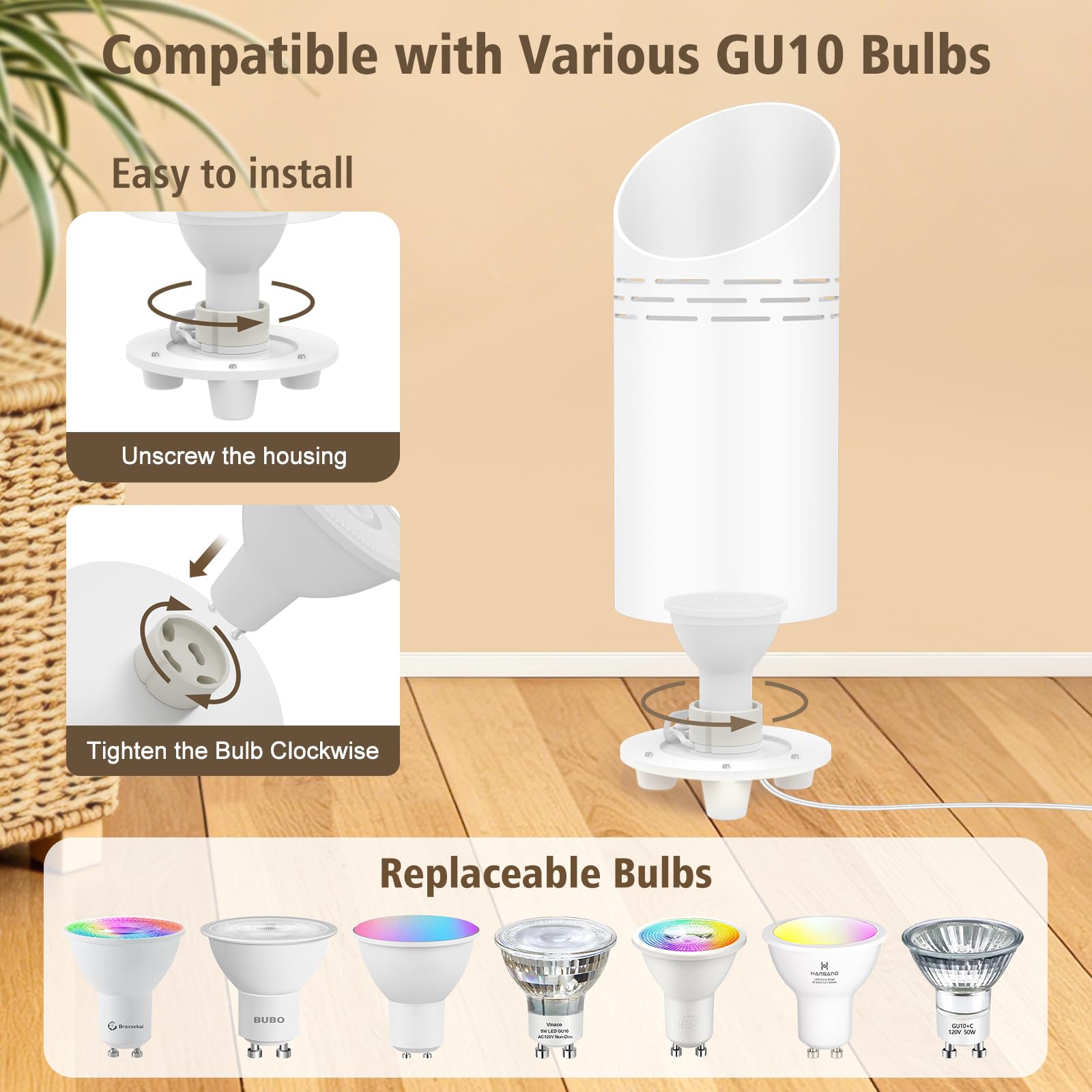 T-SUN LED Sol Spot, 6W Lampe de Sol pour Intérieur avec Ampoule GU10 LED, Interrupteur Pied & Câble de 1,8 m, Lumière Chaude/Froide Lampadaire Dimmable pour Plantes, Coin, Chambre(2 Pcs, Blanc)