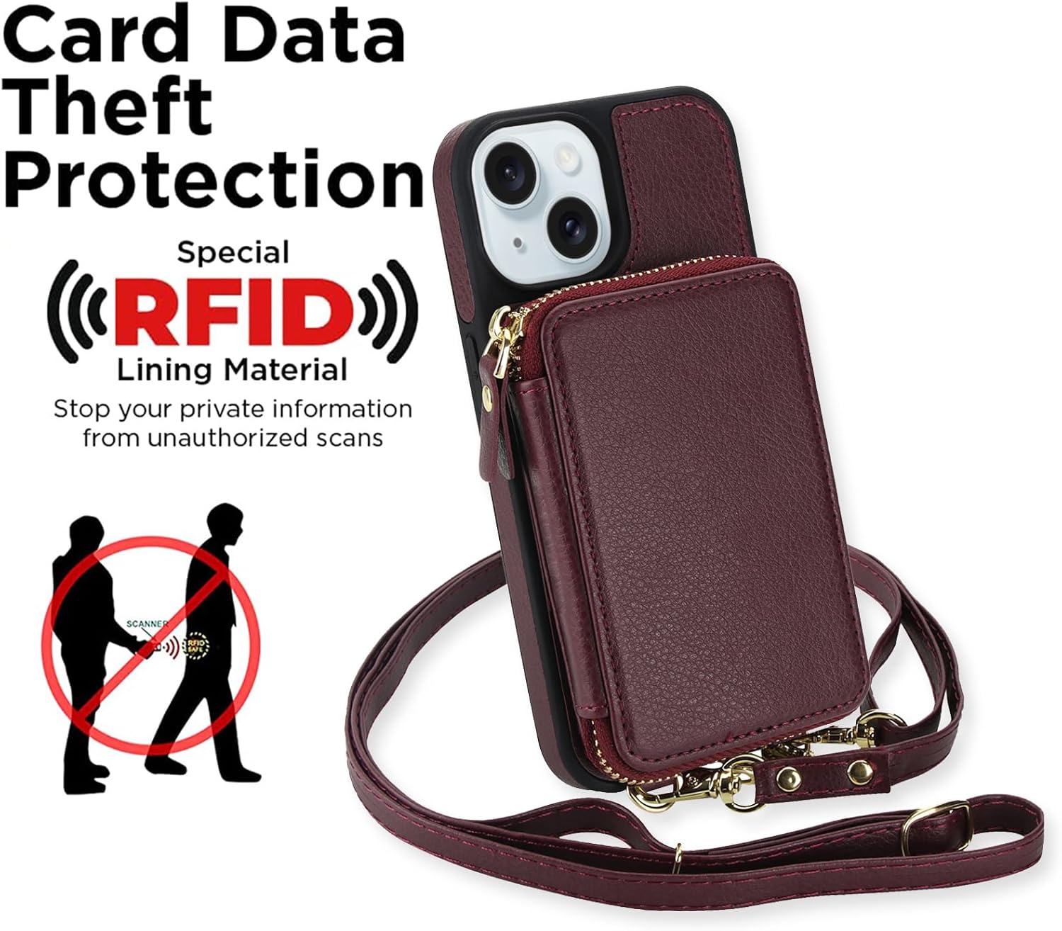 Phone Case for iPhone 13/14 6.1 inch Wallet Zipper Cover With Screen Protector Crossbody Lanyard Strap 2-in-1 Detachable RFID Blocking Flip iPhone13 iPhone14 5G i i-Phone i13 i14 Women Men Wine Red