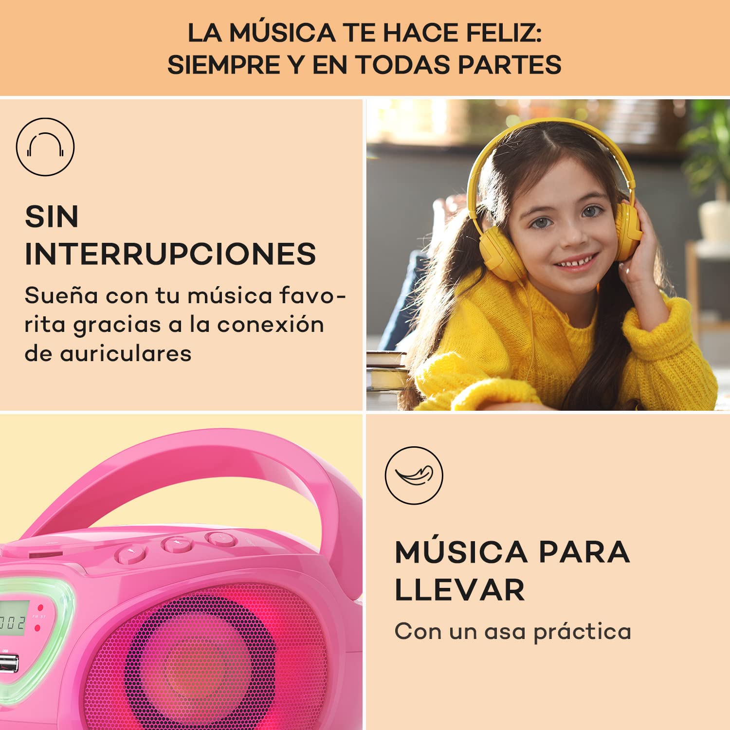 Auna Radio Portatil Pequeña con CD para Casa de 3W, Boombox FM+ Radio con Bluetooth + AUX Sonido Estéreo, Pantalla LED y Luces, con Asa, Transistores Radio Digital con USB, MP3, Carga Eléctrica