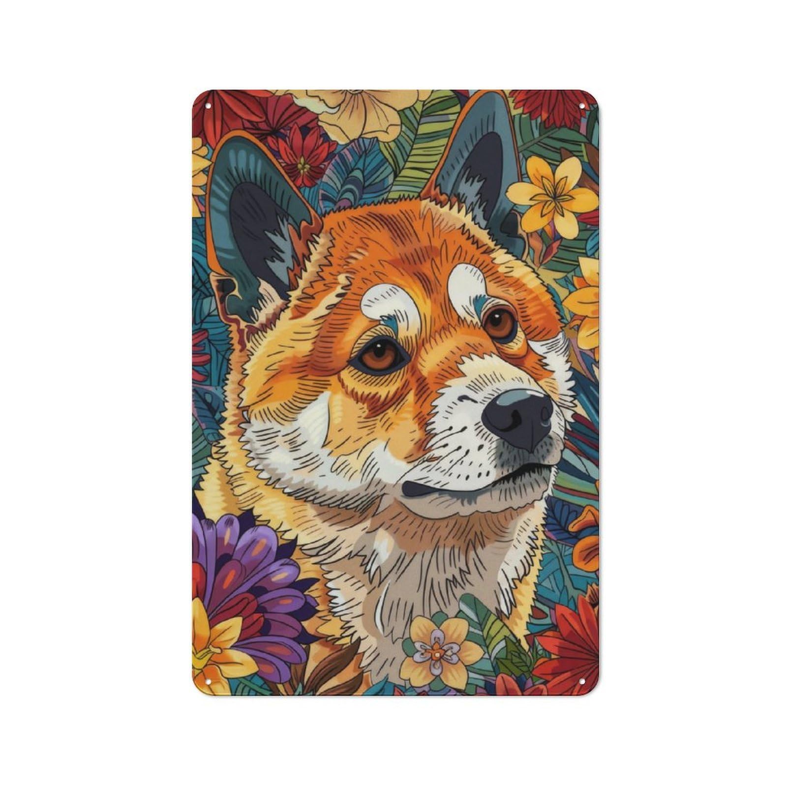 Junmoney Floral Shiba Inu Dog Vintage Tin Sign 30X20cm With For Man Cave Or Games Room, For Games Room Collectors