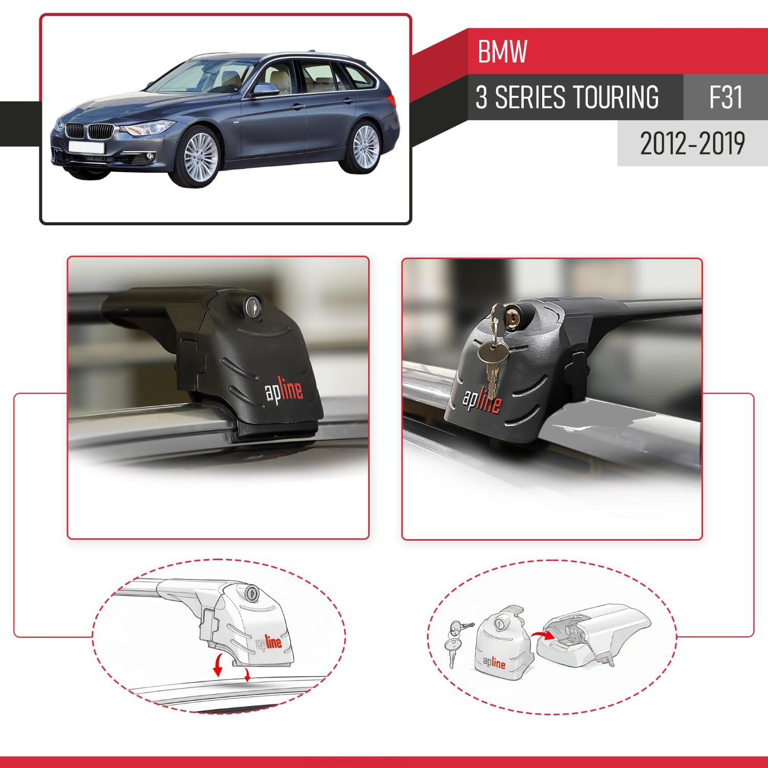 Bagażnik dachowy kompatybilny z BMW serii 3 (F31) Touring 2012-2019, bagażnik dachowy ACE-2, czarny