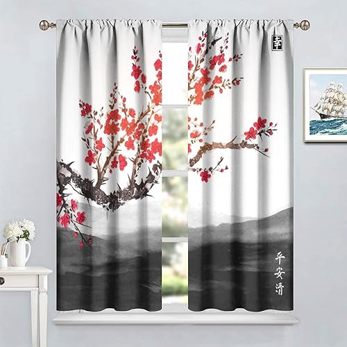 Miniatura 8 de Cortinas japonesas asiáticas con diseño de cerezo rojo, estilo tradicional de tinta, con estampado de plantas, montañas y ríos, para cocina,