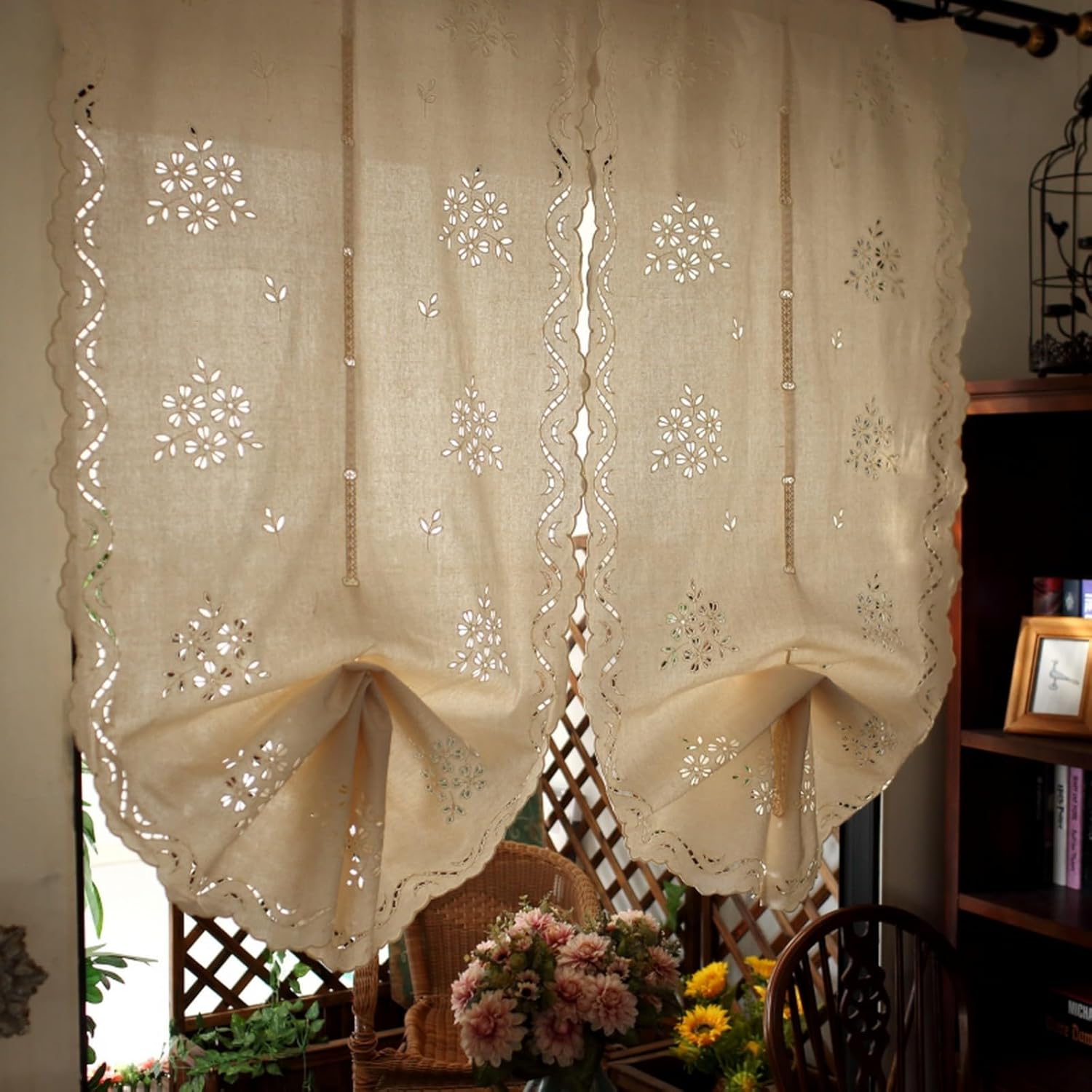 Beige Cotton Semi Transparent Embroidered Fabric Balloon Curtain Window Shades Roman Shades Window Treatment Tie Up Curtain Cottage Adjustable Tie Tieup, Rod Pocket/Pinch Pleat, 2 Pieces
