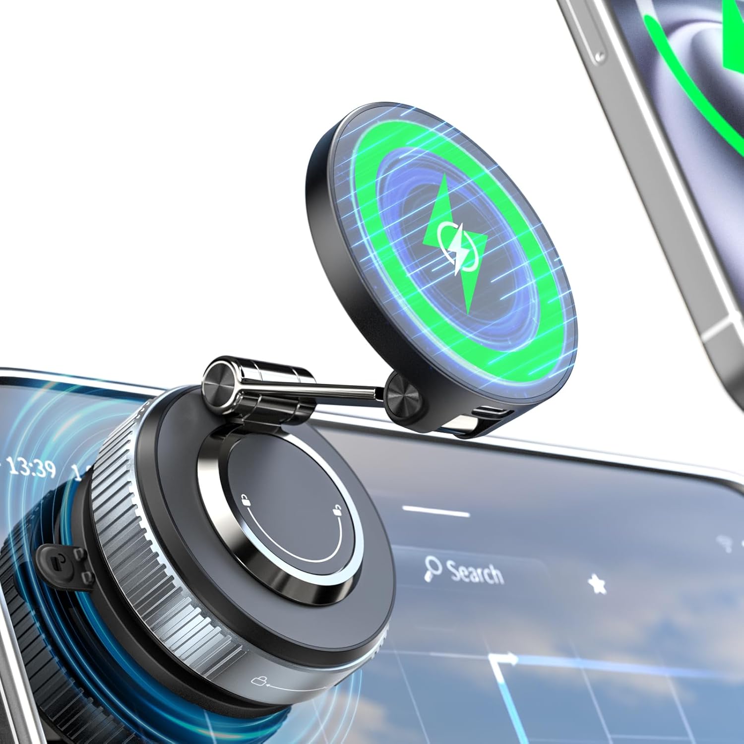CloudValley 15W Magnetic Wireless Car Charger Mount, Nano Gel Vacuum Suction Cup Phone Holder for Dashboard & Windshield, Foldable 360° Adjustable Cell Phone Charging Stand Compatible with MagSafe