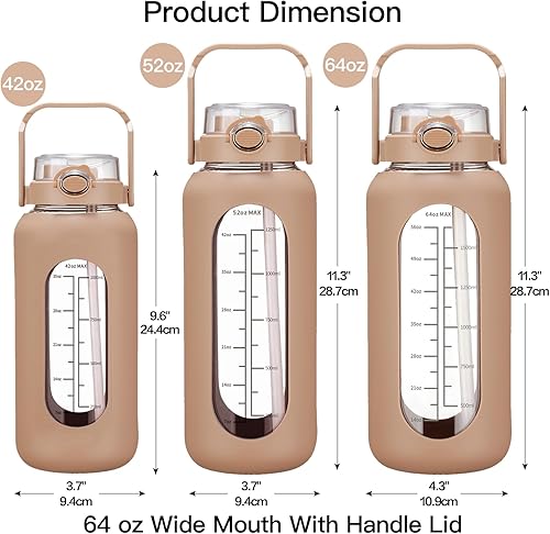 Miniatura 5 de chunmo Pernos de agua de vidrio de 42 oz52 oz64 oz con pajilla, botella de agua motivacional grande de medio galón con marcador de tiempo, botellas