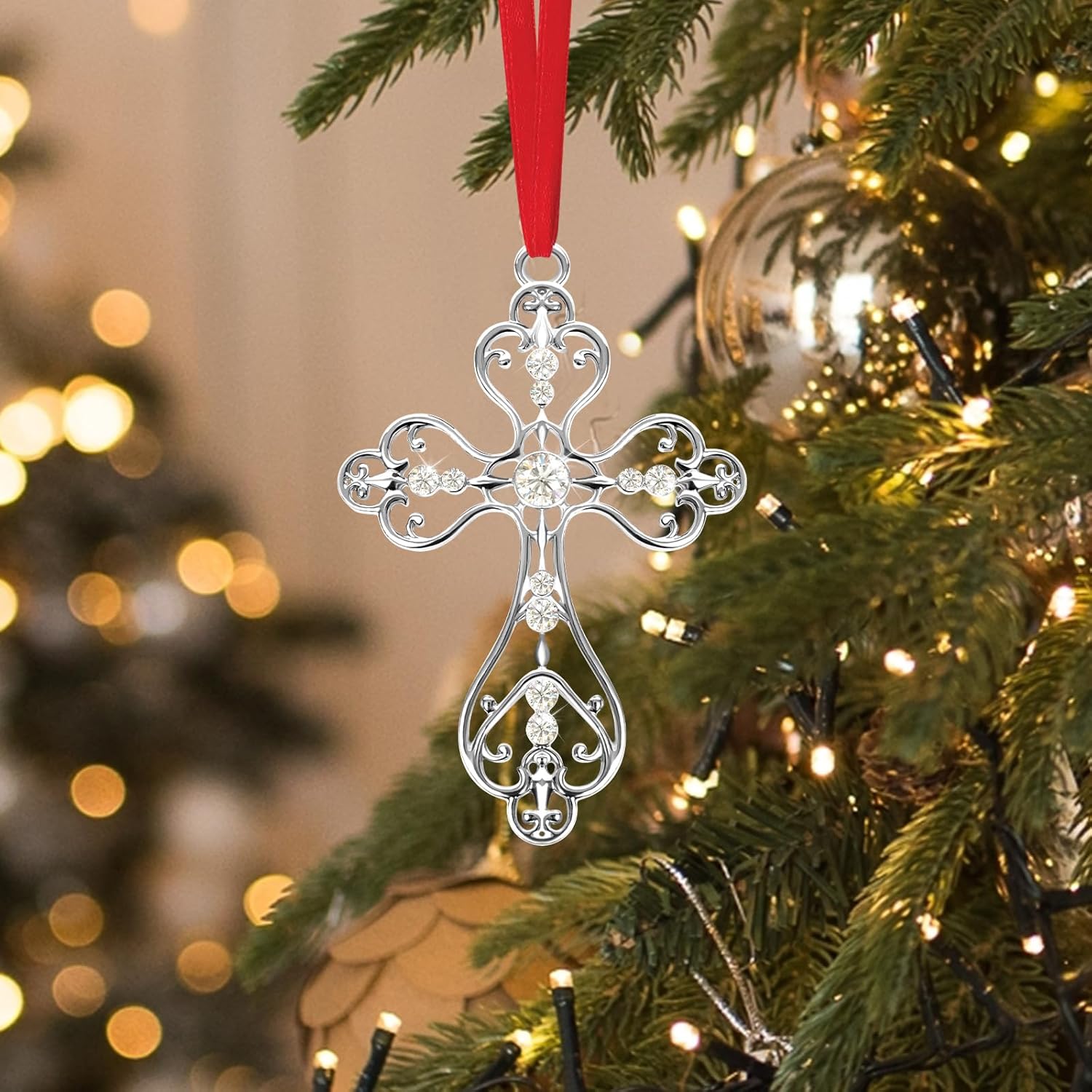 COCHIE Christmas Christian Cross Ornaments for Christmas Tree Hanging Decorations 2025, First Communion Gifts, Metal Religious Christian Gifts for Women, Men (Silver with Gift Box) - Image 7