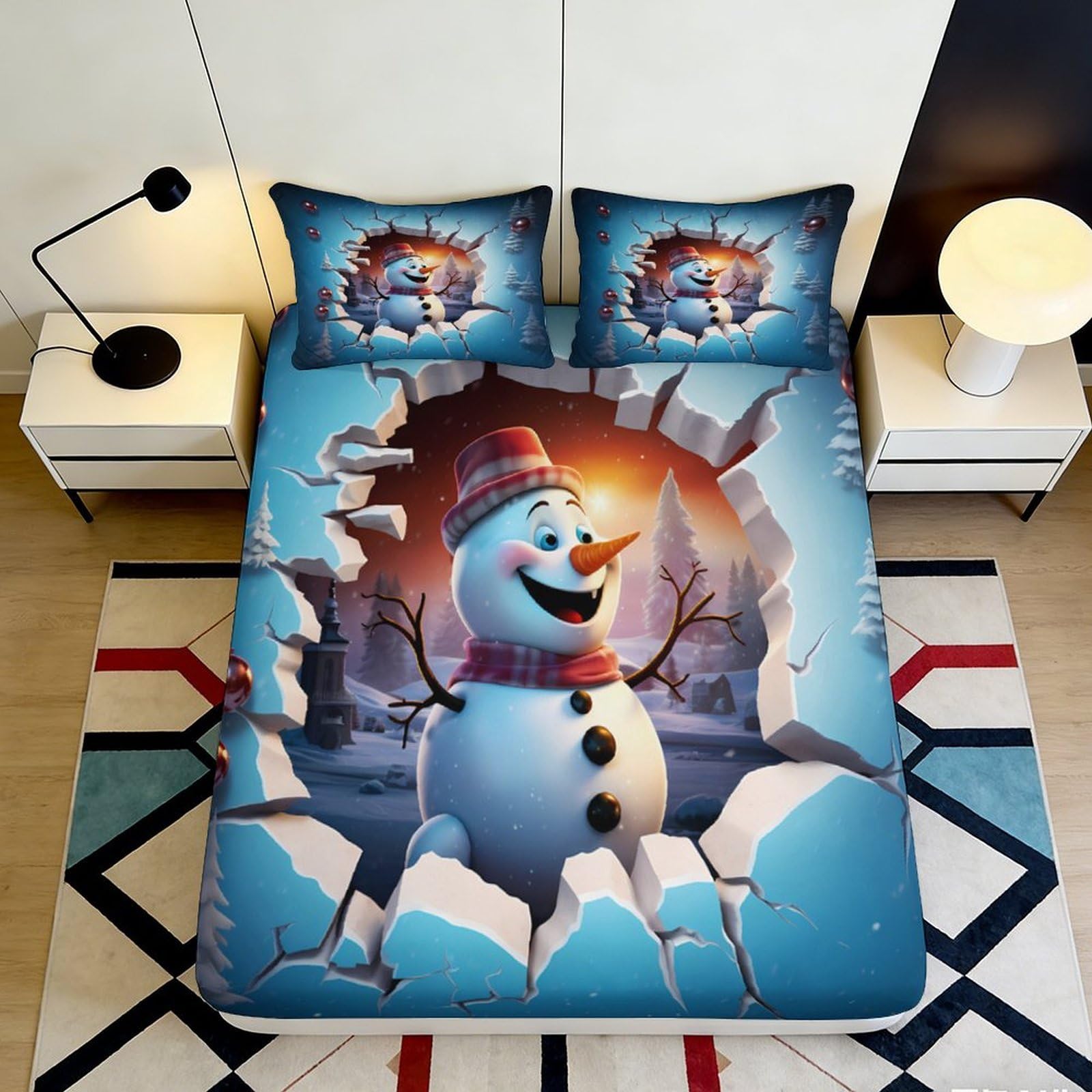 3D Printed Snowman Winter Scene Fitted Sheet Microfiber Soft Anti-Slip Bed Cover for Bedroom Guest Room Decor 160x200x25cm