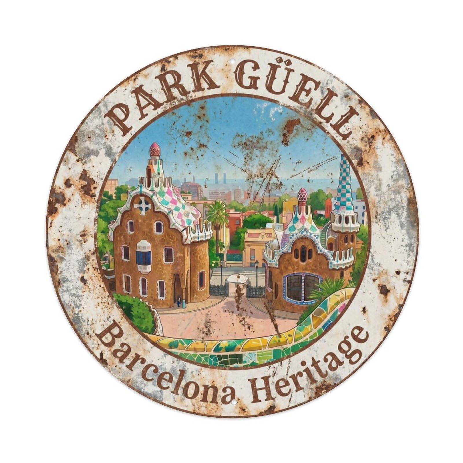 Spain Barcelona Mosaic Park Vintage Heritage Travel Landmark Metal Tin Sign Plaque Wall Decor for Cafe, Man Cave, Club Bar, Office, Home Garden Round Metal Poster 8x8Inch