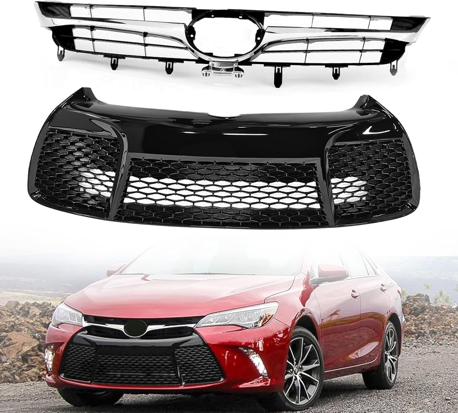 Bewild Front Bumper Upper & Lower Grille Assembly Fit For 2015-2017 Toyota Camry SE XSE Gloss Black Honeycomb Mesh Replaces 5311206280/5310106441
