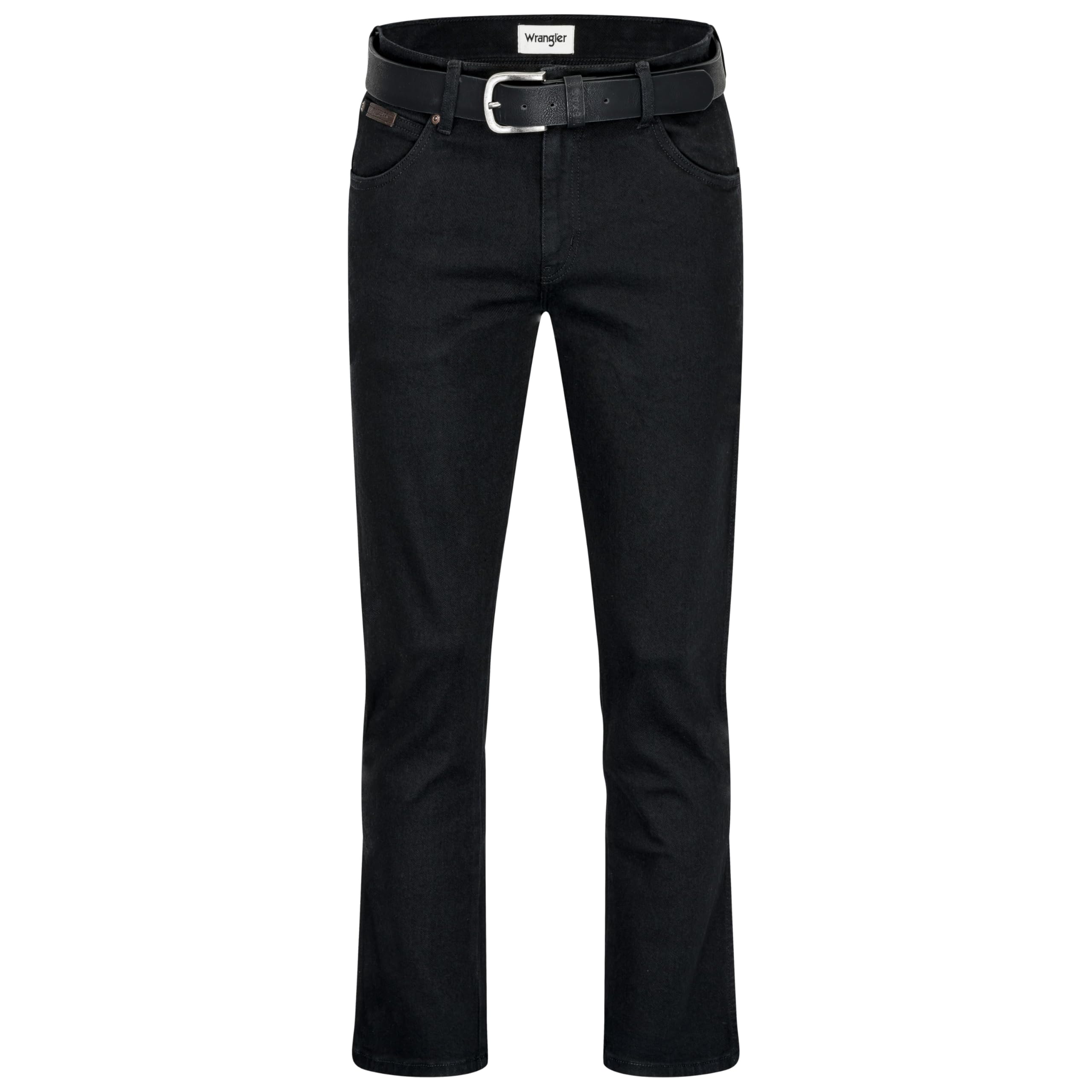 Wrangler Texas Herren-Stretchjeans Regular Fit Authentic Straight in verschiedenen Waschungen mit Gürtel in schwarz oder braun (W36/L32, Black Overdye + schwarzer Gürtel)