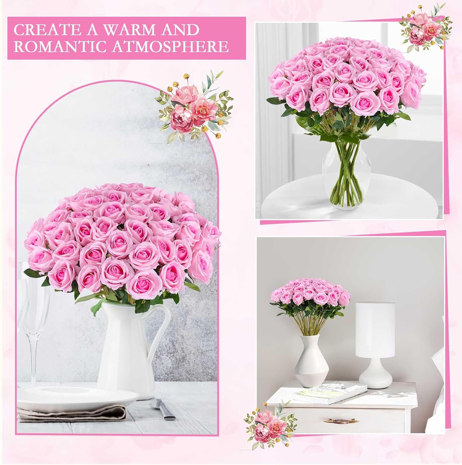Hananona 50 Artificial Roses in Bulk, Fake Silk Pink Roses Realistic Roses for Wedding Centerpieces Flower Arrangement Home Decor (50, Pink) - Image 4