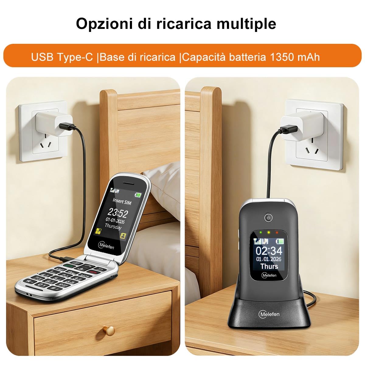 Telefono Cellulare per anziani,4G Flip Telefoni Cellularii con Tasti Grandi,Pantalla 2,4 +1,44 ",Funzione SOS, Volume Alto,Base di RicarIca,1350 mAh Batteria