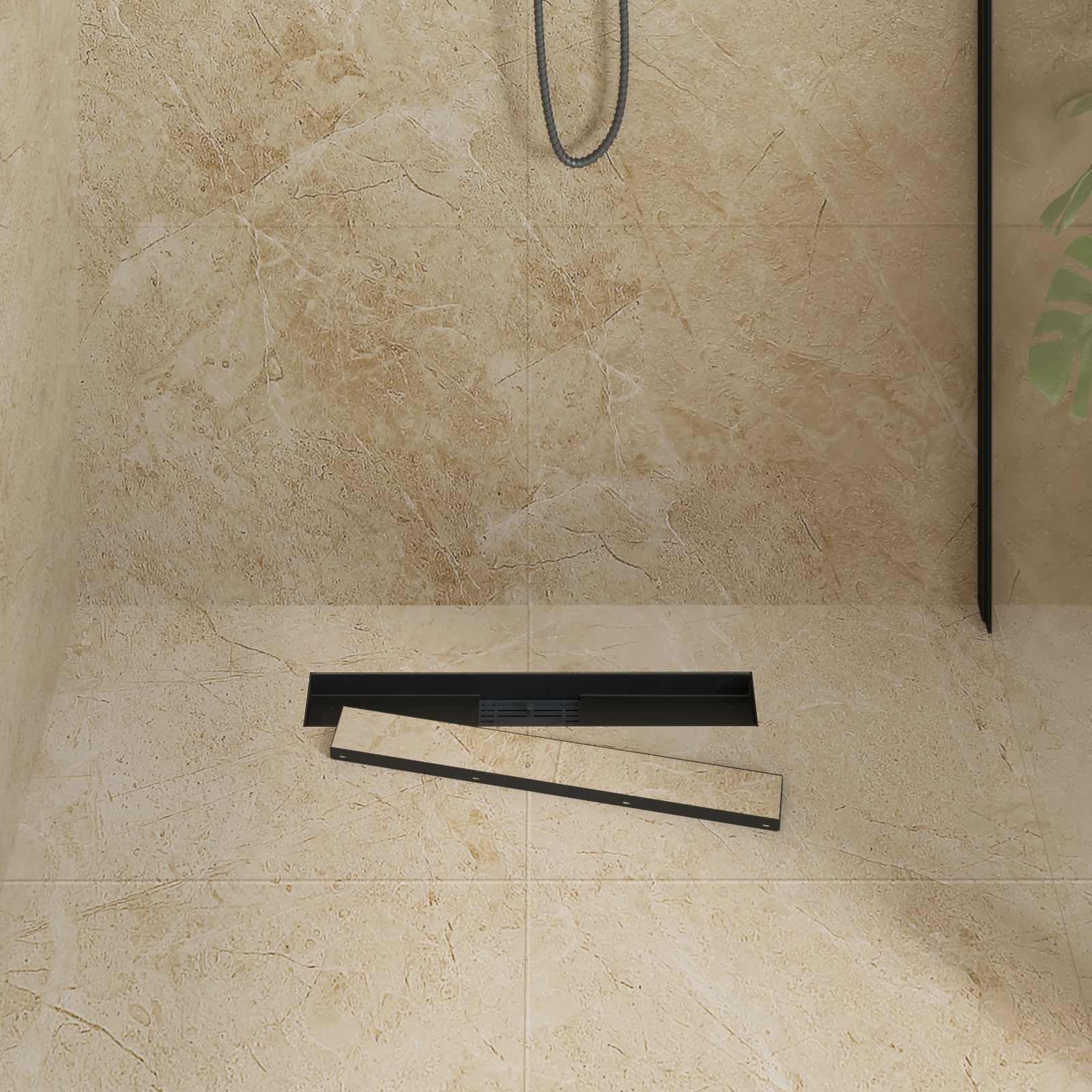 2 in 1 Duschabfluss Schwarz Edelstahl 304 mit verstellbaren Füßen 50 cm Länge rechteckiger Siphon Abflussgarnitur mit Geruchsverschluss und Verstopfungsschutz für Dusche Badezimmer Küche