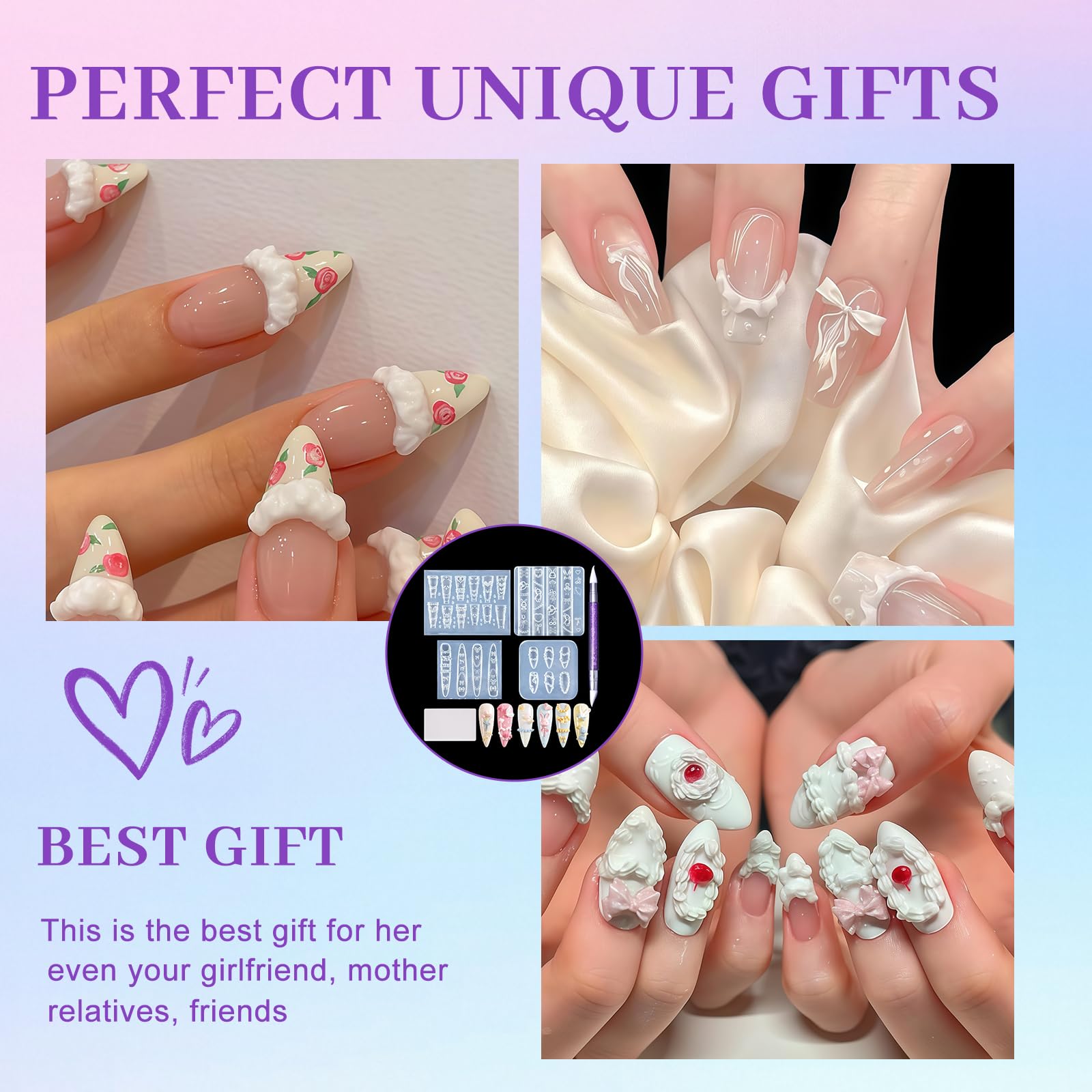 Moldes para Uñas 3D Gel Nail Art Set 4 Piezas Silicona Plantillas de Estampado