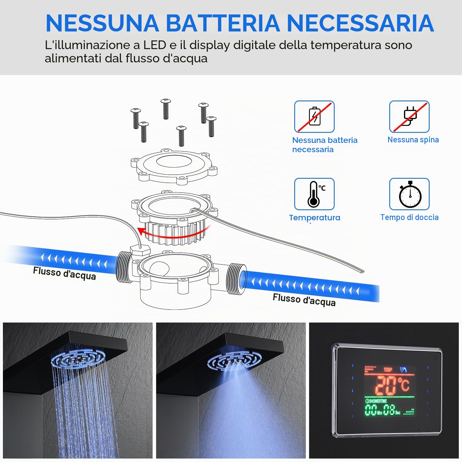 Pannello doccia 5 in 1 con rubinetto senza batteria, set doccia LED tempo doccia e indicatore ℃, doccia a pioggia, doccia a LED, montaggio angolare, pannelli doccia nero, ottone e acciaio inox
