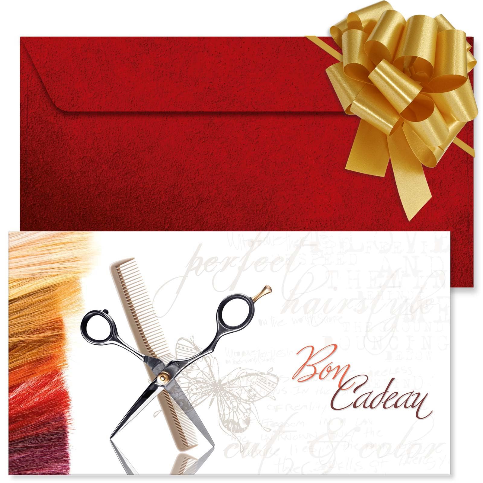 POS BON - 100 bons cadeaux à remplir avec enveloppe/nœud ruban - formulaires imprimés pour des salons de coiffure K1403F-2-100-V1