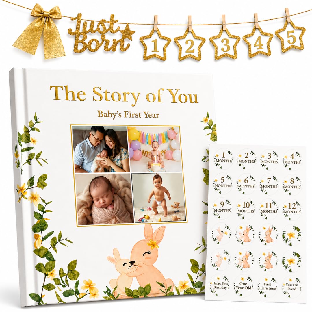 Libro de recuerdos para bebé con pancarta mensual de fotos y calcomanías, diario de recuerdo de primer año y álbum de fotos, tapa dura neutra de género para recién nacidos y baby shower