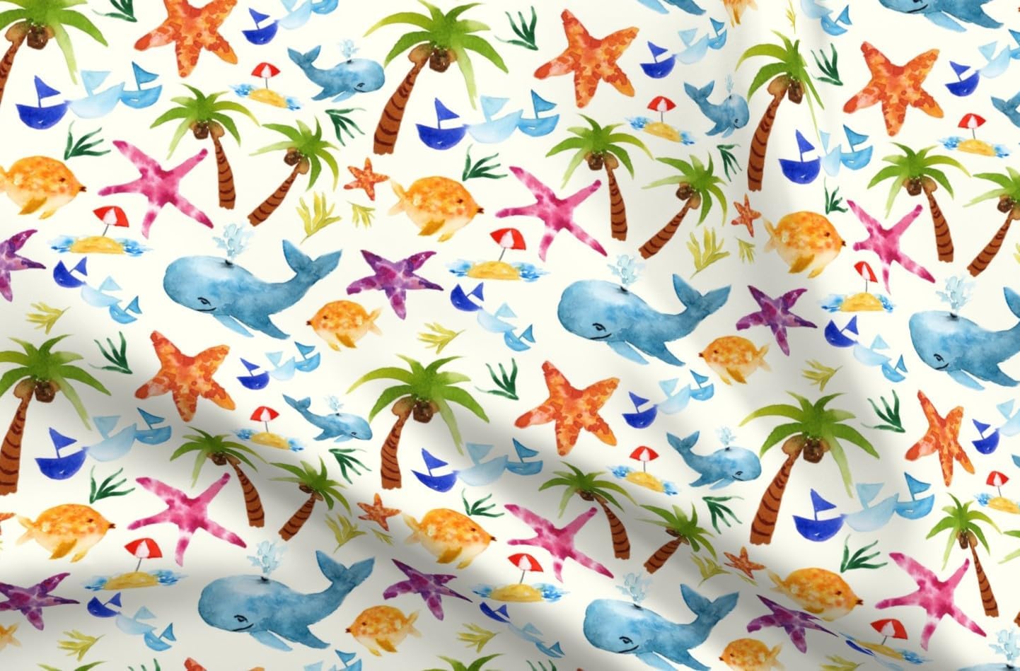 Spoonflower Fabric - Whimsical Coastal Nautical Beach Watercolor Whale Starfish Palm Tree Printed on Petal Cotton Fabric Fat Quarter - Sewing Quilting Apparel Crafts Decor