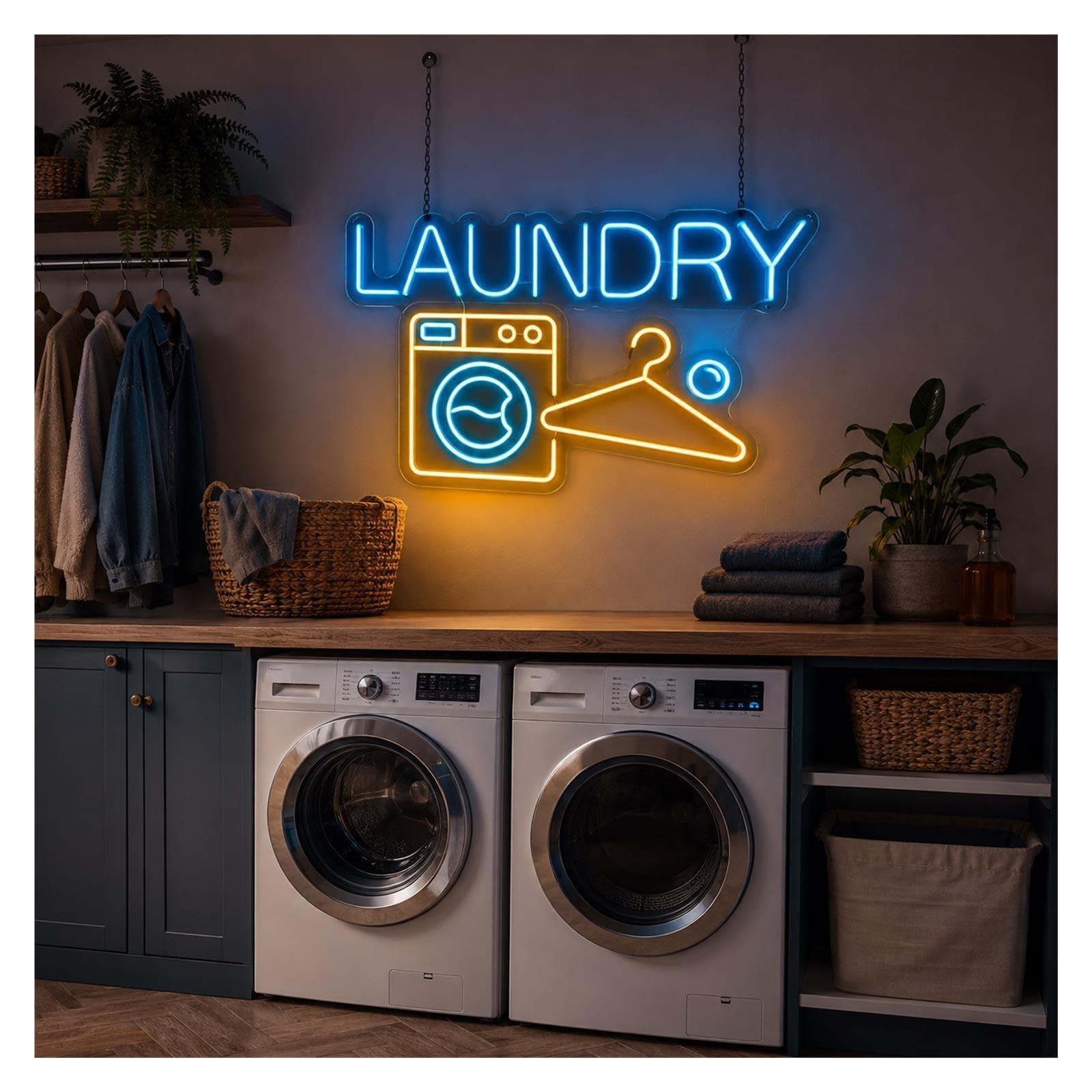 Insegna al Neon Insegna Al Neon Laundry Dimmerabile | Modello Di Appendiabiti Per Lavatrice Luce A LED Per Balcone Lavanderia A Gettoni Home Room Decor 55cm