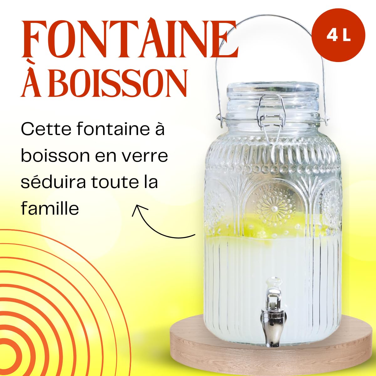 Distributeur Boisson avec Robinet 4 L - Fontaine à Eau et Cocktail en Verre - Jarre pour Fêtes et Anniversaires