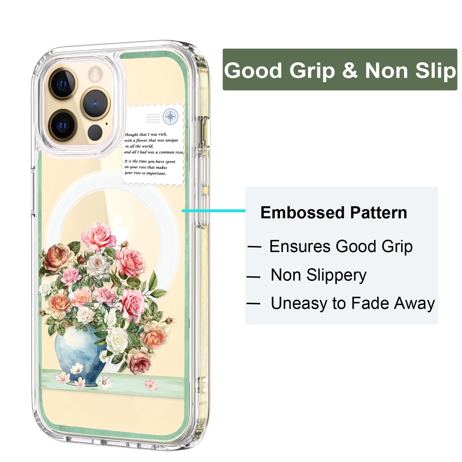 Unov Case Compatible with iPhone 15 Pro Max Case Magnetic Clear with Design Compatible with MagSafe Slim Protective Soft TPU Bumper with Hard PC Back Embossed Pattern (Rose Bouquet) - Image 4