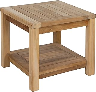 Teak Wood Side Table with Storage, Indoor and Outdoor Wooden Furniture for Deck, Porch, Balcony, Living Room, Bedroom and Backyard (18" D x 18" W x 16" H)