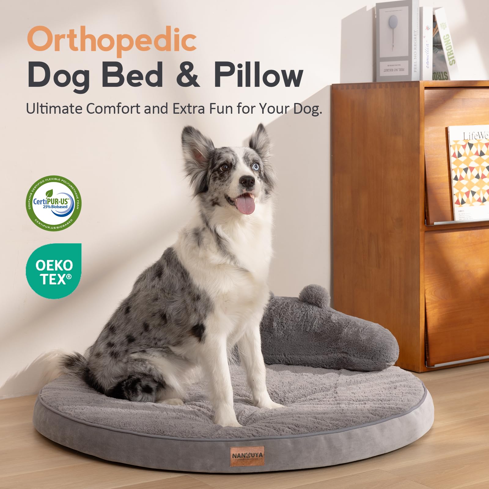 Large Dog Bed - Orthopedic Dog Beds for Extra Large Dogs with Washable Removable Cover Waterproof Pet Beds with Pillow - Light Gray