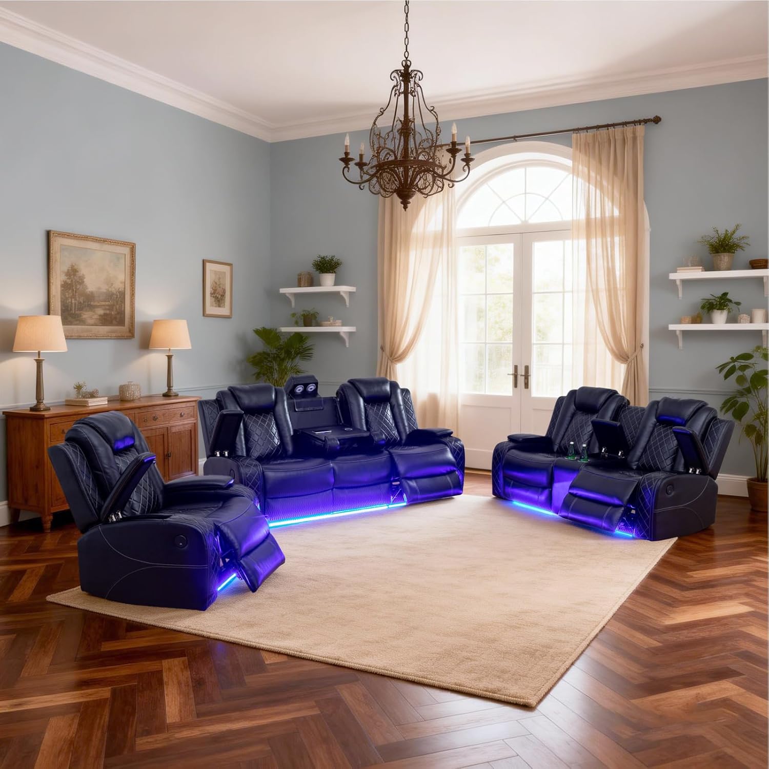 Power Reclining Leather Sectional Sofa with Wireless Power and LED Lighting, Cup Holders, Storage Console – Luxury Home Theater Seating Set for Living Room, Apartment, Office, Black