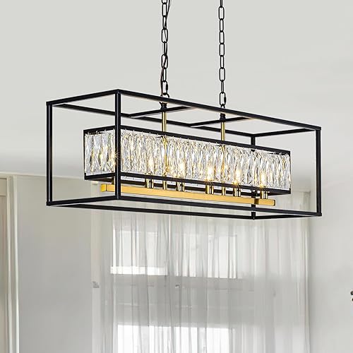 Vezzio Candelabros de cristal de granja, 6 luces, accesorios de iluminación para comedor, color negro, rectangular, isla de cocina, con cadena
