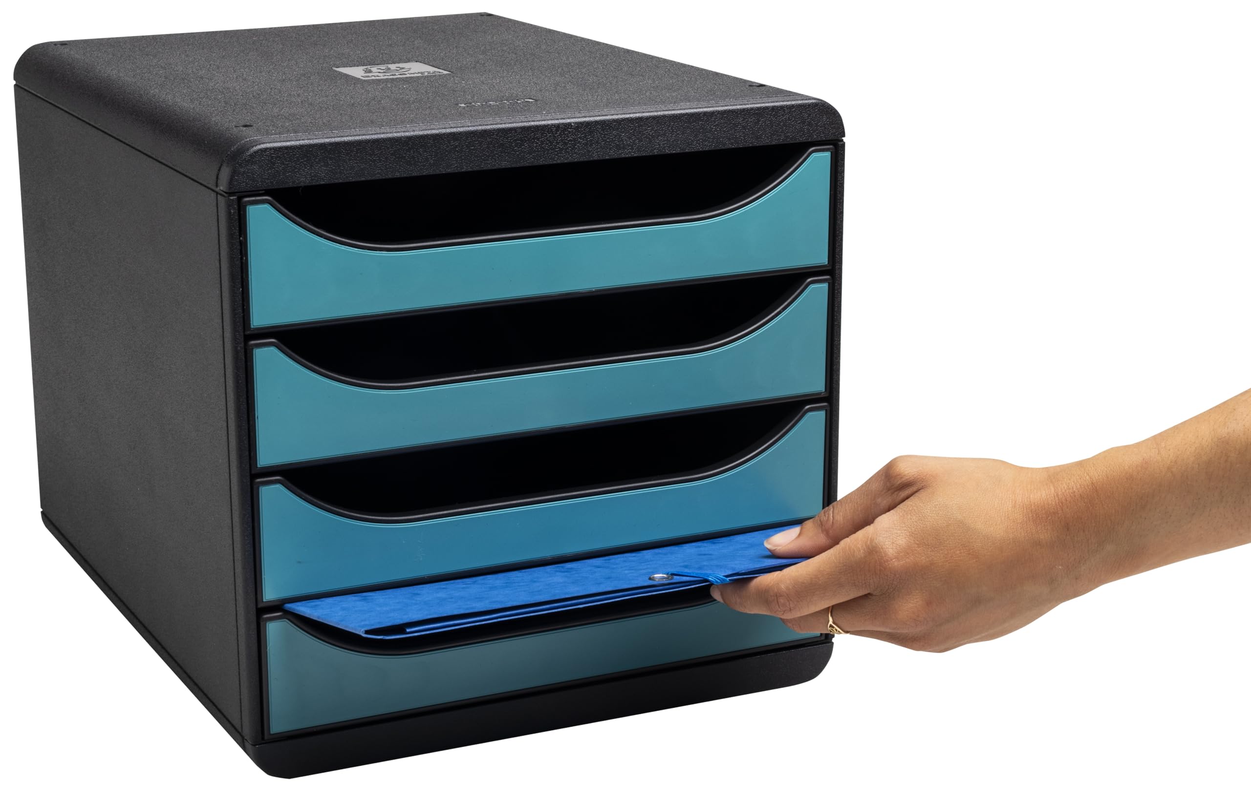 Exacompta - Rif. 31034D - Modulo di archiviazione BIG-BOX Skandi, scatola 4 cassetti per documenti A4+, dimensioni esterne. : Profondità 34,7 x Larghezza 27,8 x Altezza 26,7 cm, Blu Pacifico
