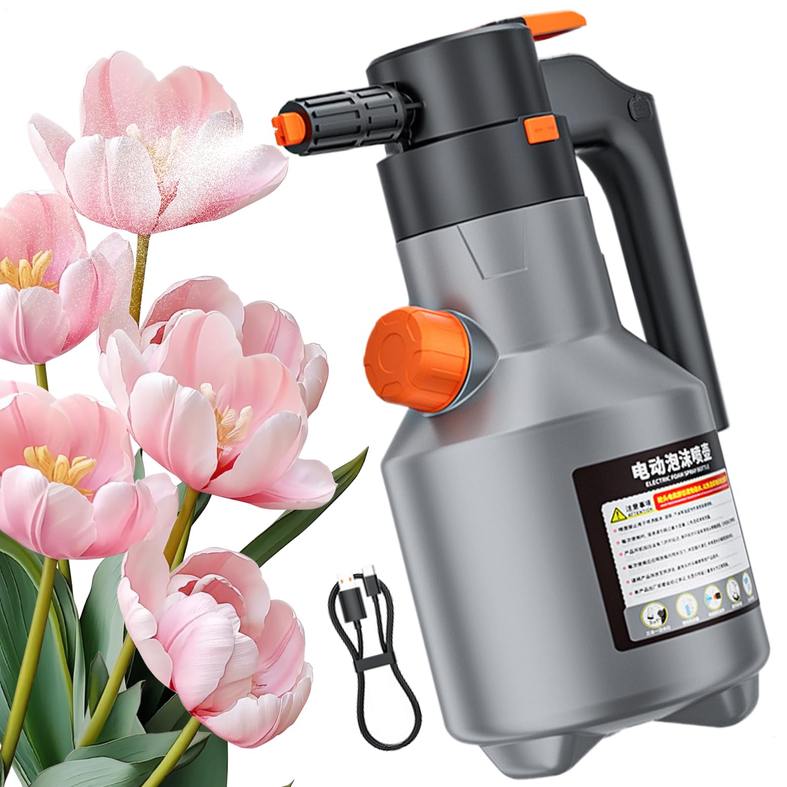 Spruzzatore a pompa in schiuma, 2 l, ricaricabile, con manico lungo, alimentato a batteria, per veicoli, casa, cucina, interni, esterni, giardino, cortile, patio, lavaggio dettagli