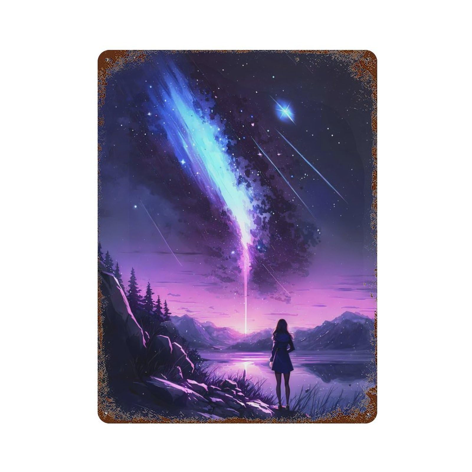 Distressed Metal Wall Sign Anime Starry Cosmos Night 15.7"x11.8", Vintage Wall Decor for Garage, Bar And Workshop Decor