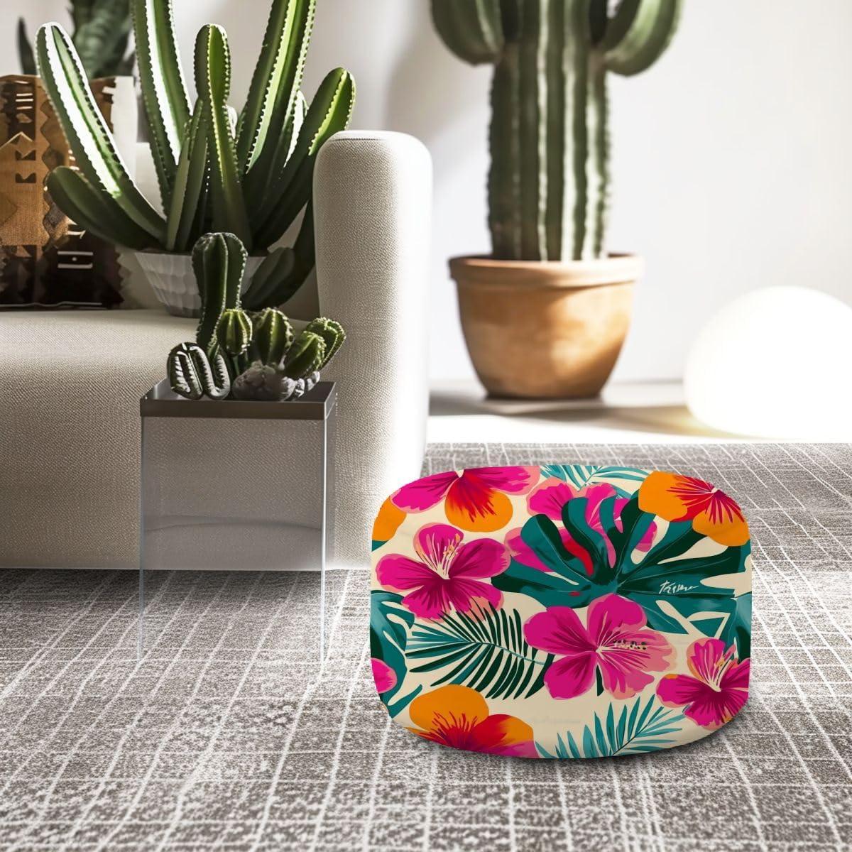 Round Pouf Ottoman Colorful hibiscus flower tropical leaf seamless pattern for summer Foot Stool Foot Rest Floor Stool Bean Bag Chair Cotton Linen Removable Indoor Outdoor for Living Room Bedroom