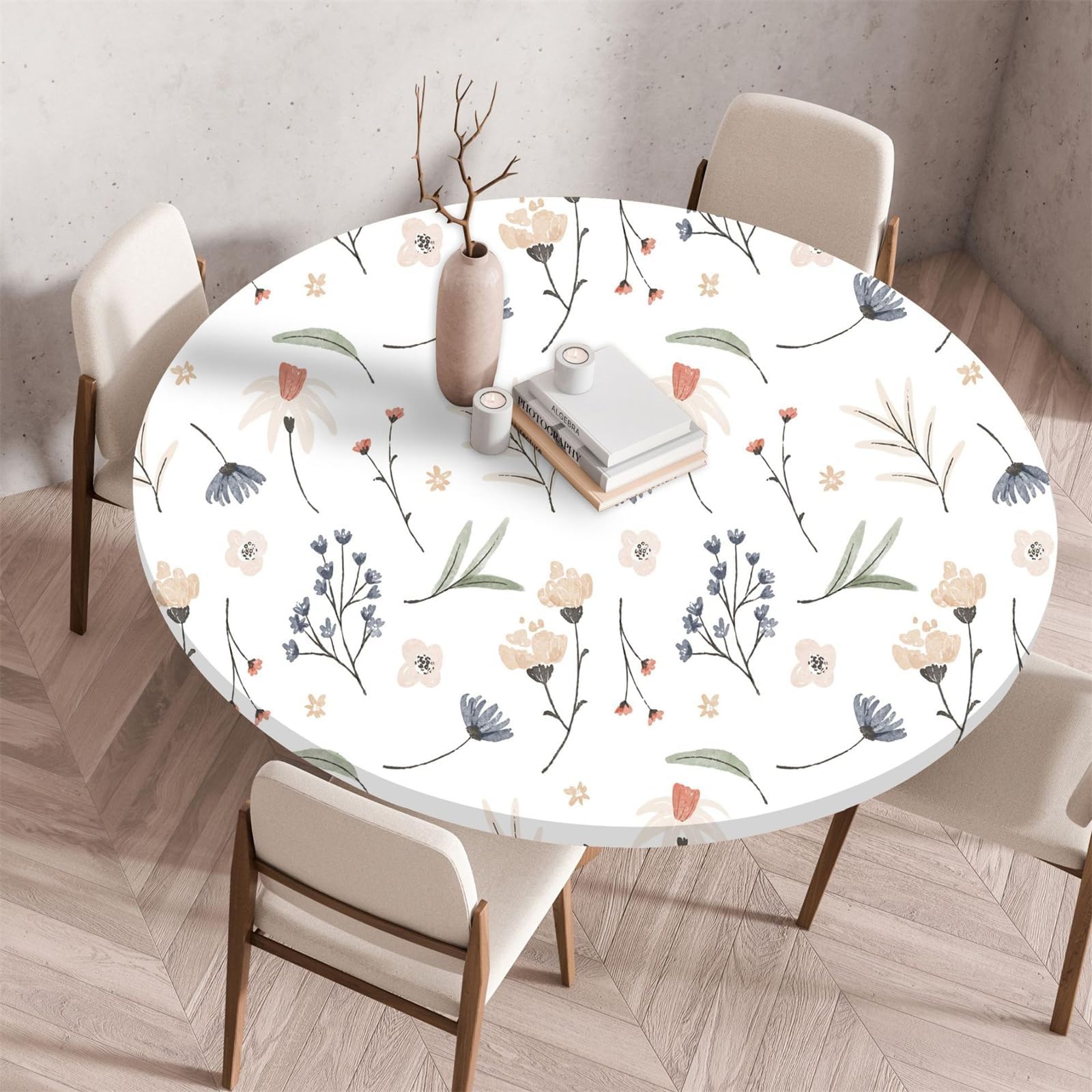 Highdi 3D Round Table Cover with Elastic, Circle Table Cloth Fitted Stretch Fitted Tablecloth Non-Slip Round Table Protector Washable for Home Hotel Dining Outdoor Garden (70cm,Flower Foliage)