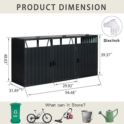 Miniatura 6 de Cobertizo de almacenamiento de basura para exteriores, cobertizo de almacenamiento de acero galvanizado con puertas con cerradura, cobertizo de