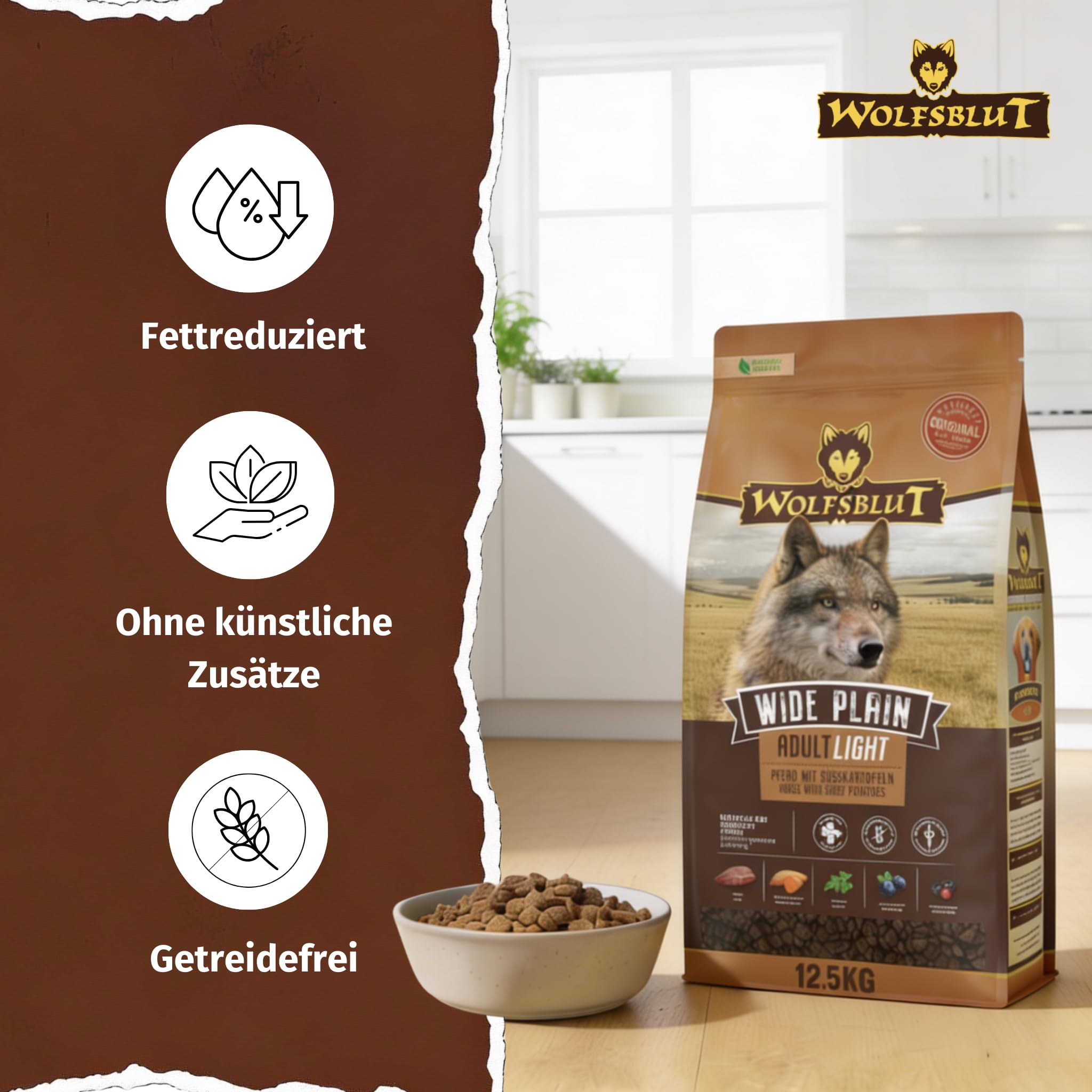 WOLFSBLUT – Wide Plain Adult Light | Fettreduziertes Trockenfutter mit wertvollen Superfoods für ausgewachsene Hunde. Getreidefreies Alleinfutter ohne Zusatzstoffe im Beutel | 12,5kg Pferd