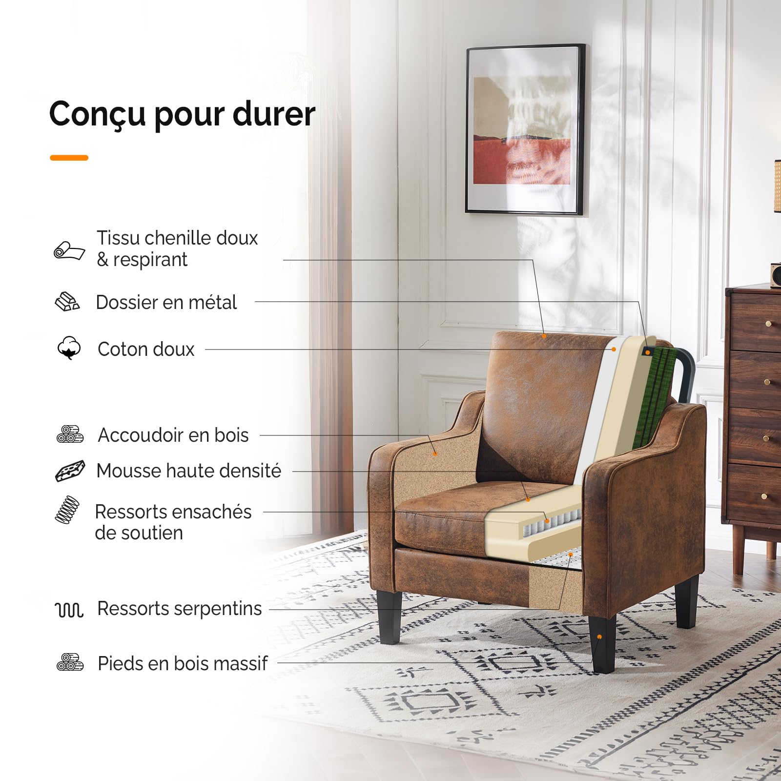 Bonnlo Fauteuil Élégant, Canapé 1 Place Moderne du Milieu du Siècle, Chaise de Lecture Confortable avec Accoudoirs Incurvés, Canapé Rembourré en Chenille, pour Salon, Chambre (1, Marron Vintage)