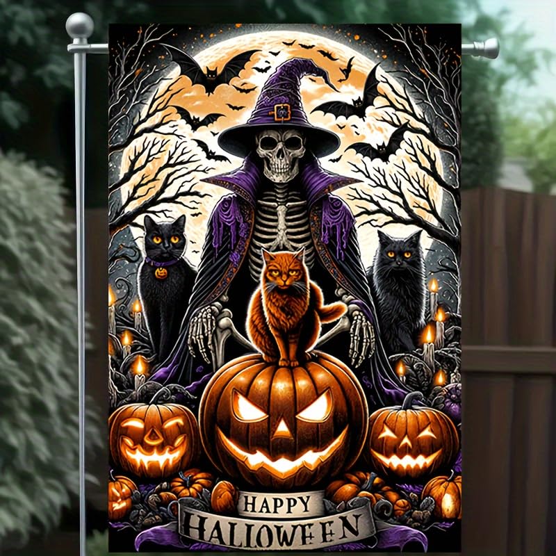 Image of Blissyard Halloween Garden Flag - Double Sided 12x18 with Ghost, Skull, Wizard, Skeleton Cats, Pumpkins, Bats - Spooky Outdoor Scary Yard Decor