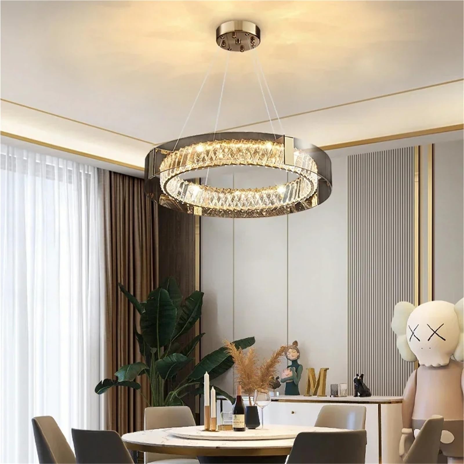 Modern Luxury Single Ring Crystal LED Pendant Chandelier Gold Frame Crystal Hanging Lighting Fixture for Living Room Dining Room
