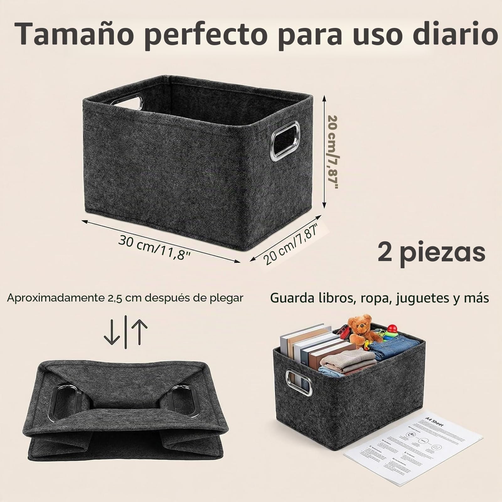 Cesta de fieltro de almacenamiento plegable, 30 x 20 x 20 cm, 2 piezas, color negro, ideal para hogar y oficina