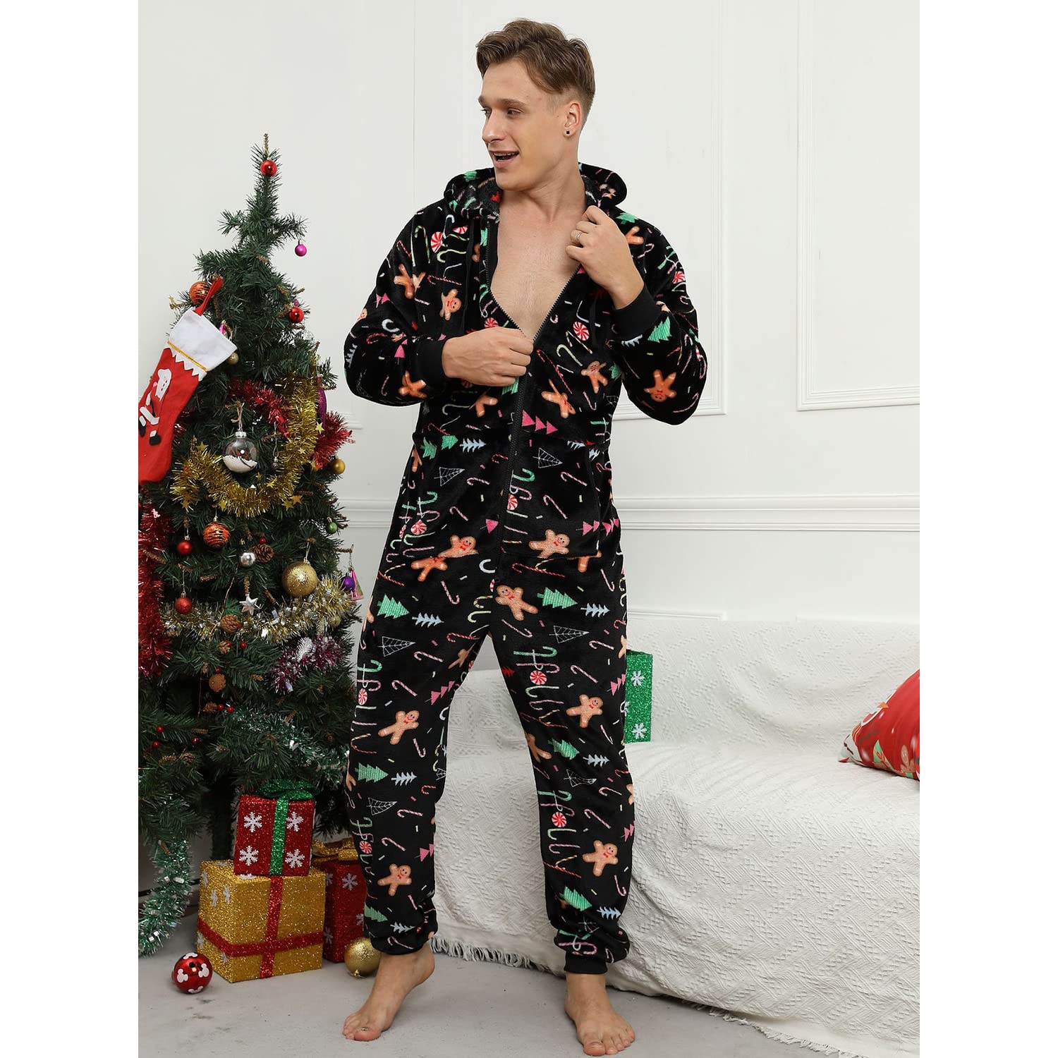 Pijama Navidad Una Pieza Hombre Franela Pijamas Mono Entero con Capucha Manga Larga Invierno Calentito Jumpsuit Adulto Onesie Ropa de Casa Dormir Caramelo de Navidad Negro XL