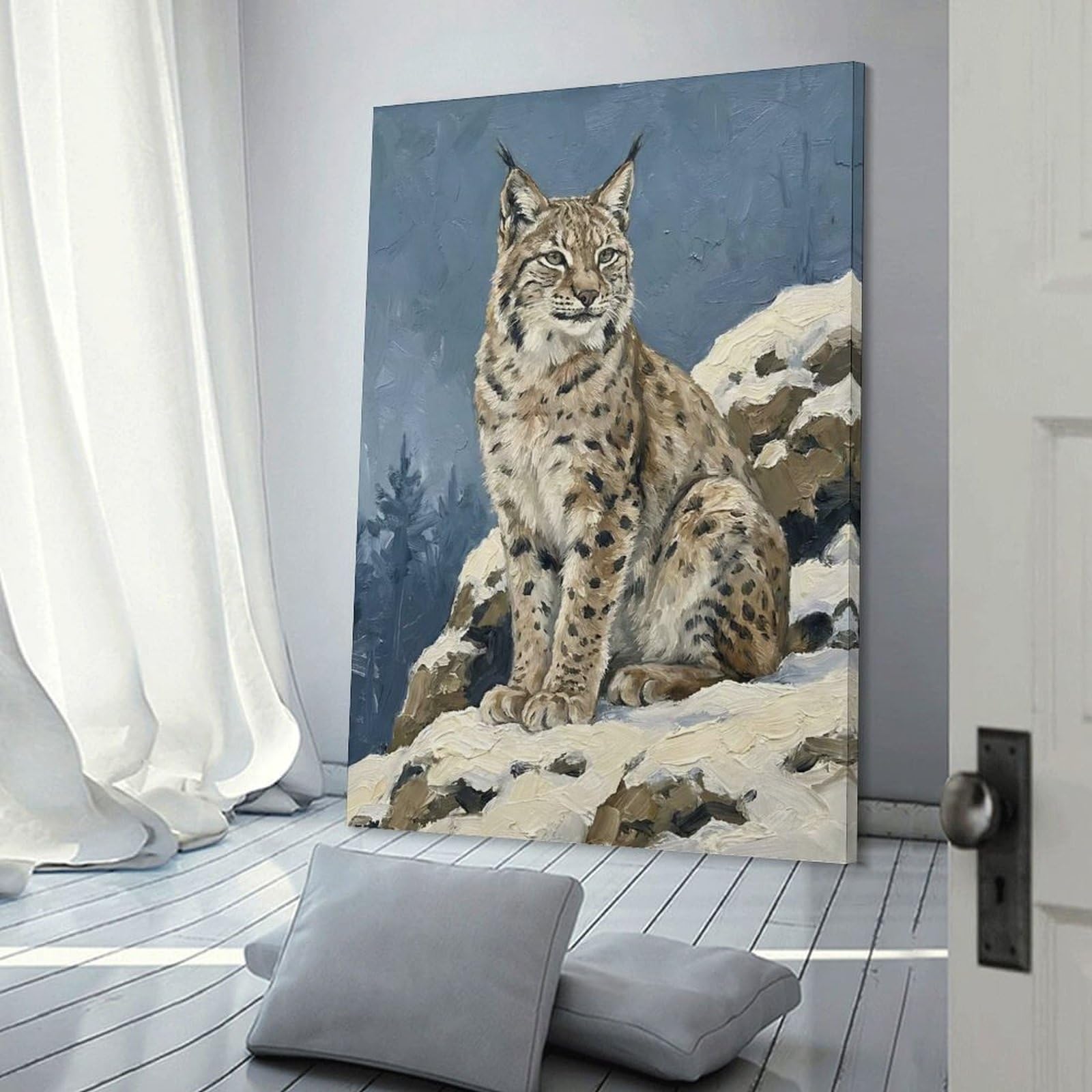 Junmoney Canvas Art Print Lynx in A Snowy Landscape, 24x36inch(60x90cm), for Office, Study Or Home Workspace, Home Office Artwork with Decorative Appeal