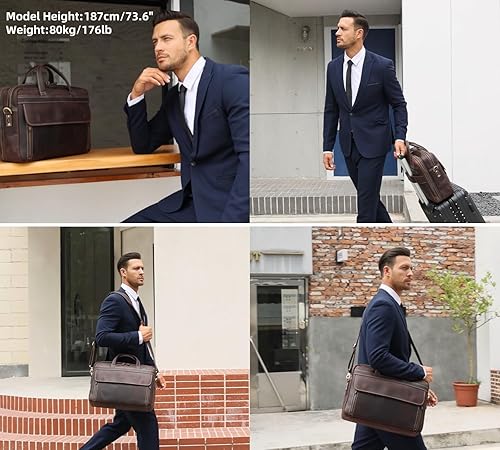 Vista 28 de Masa Kawa Maletín de cuero para hombres 15.6" - 17" maletín para computadora portátil de negocios viaje trabajo mensajero cruzado bolsa de hombro