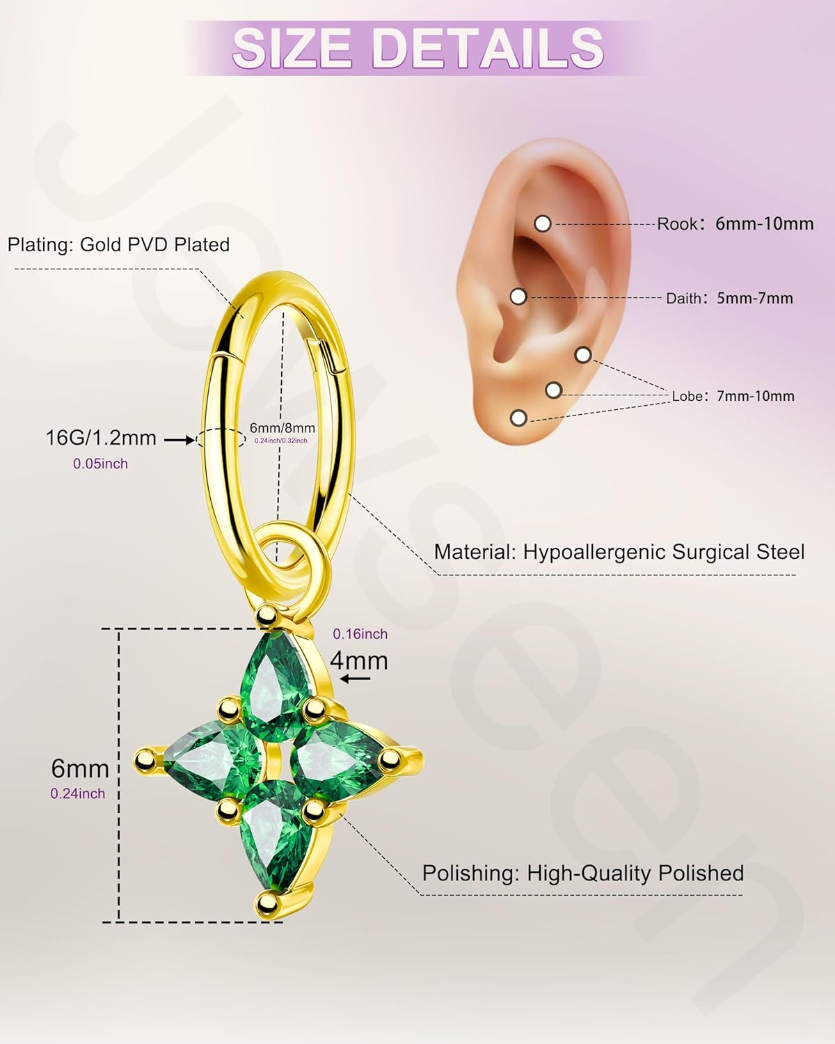 Jewseen 16G Dangle Rook Piercing Jewelry Hoop Emerald Cartilage Earrings Hoop Clicker 316L Surgical Steel Rook Earring for Women 6MM 8MM Cartilage Daith Lobe Piercing Jewelry - Image 4