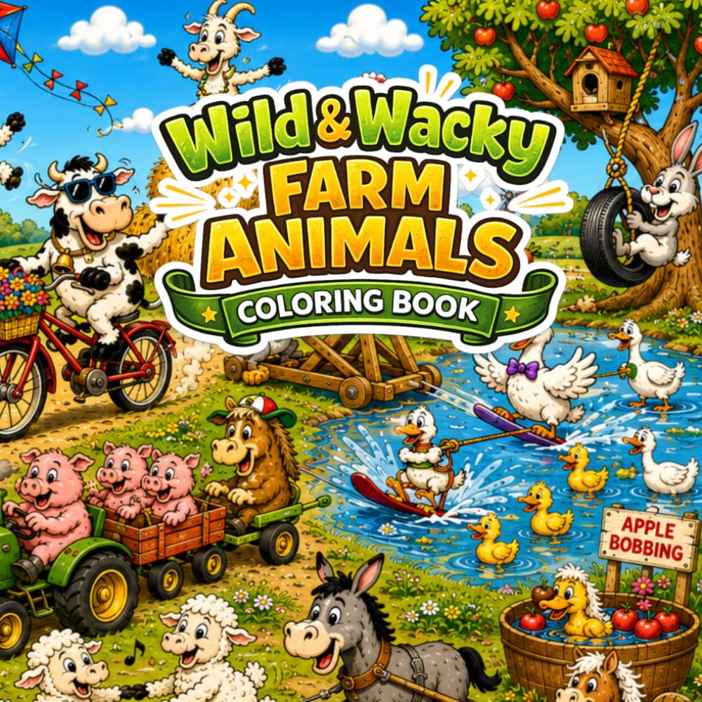 Wild and Wacky Farm Animals Coloring Book: Funny Farm Animal Adventures, Hidden Objects, Silly Cartoons, and Laugh-Out-Loud Coloring Fun for Kids Ages 8-17